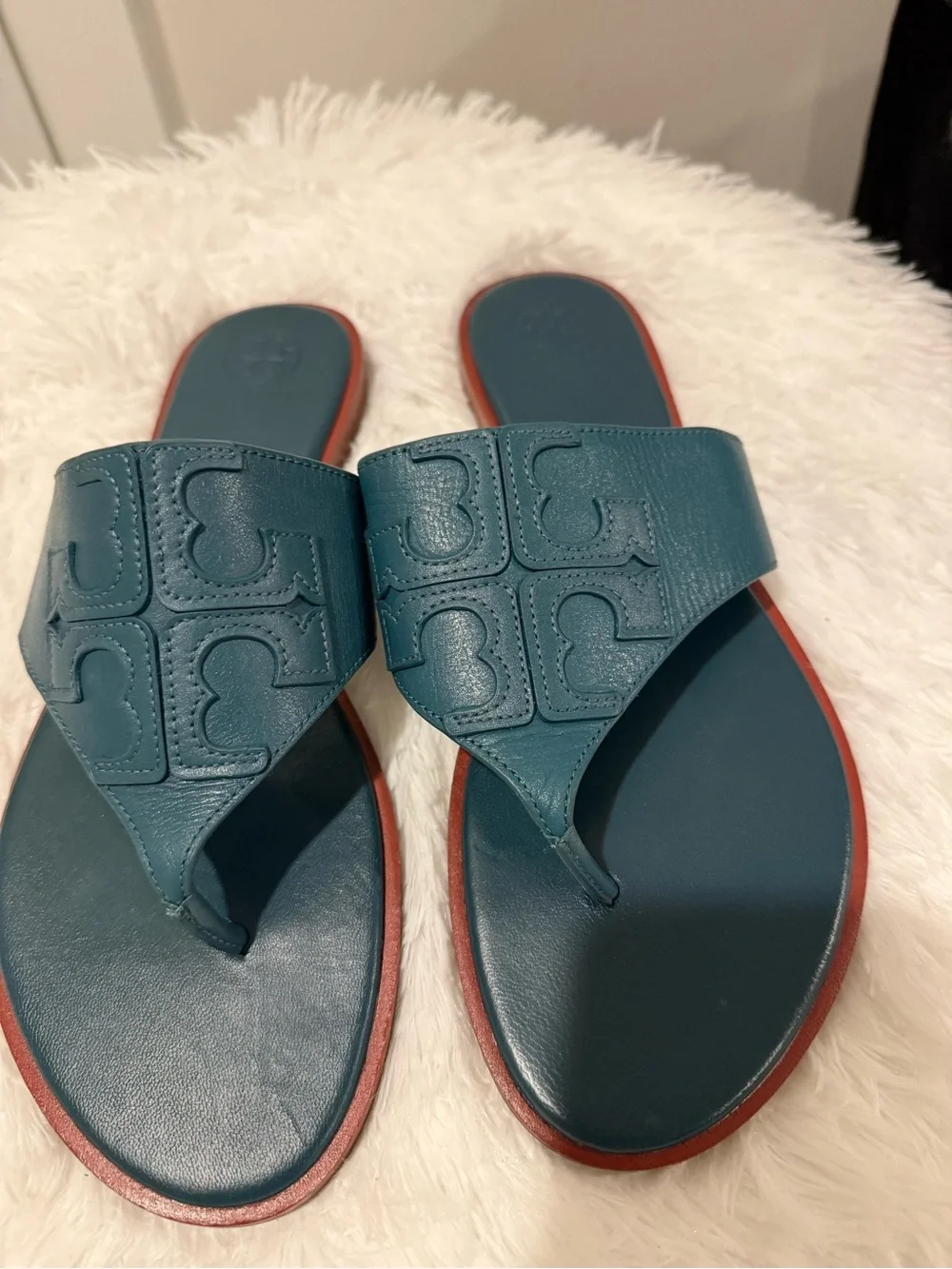 Tory Burch Teal Leather Toe-Post Sandals with Signature Logo